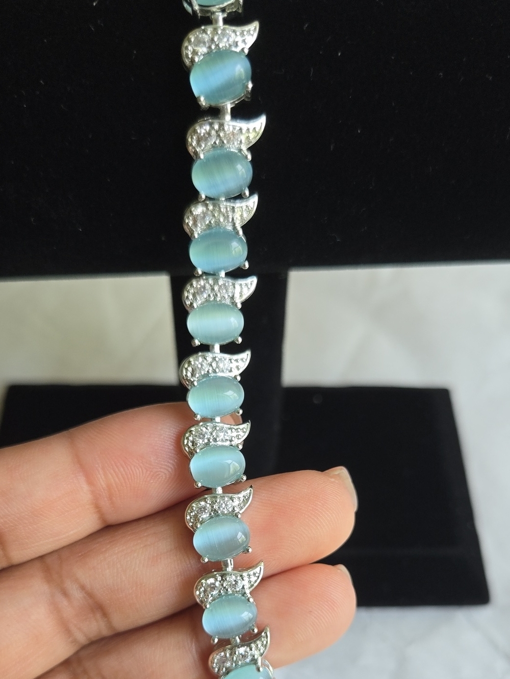 Blue Cat's Eye and Crystal White Gold Plated-Link Bracelet